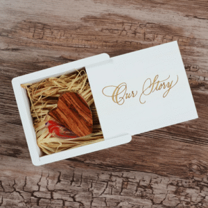 16GB Heart USB 2.0 Flash Drive with Laser Engraved White Wooden Box Filled with Raffia Grass - "Our Story" Design!-0