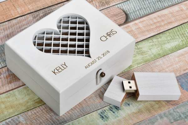 Custom Engraved Box in White Satin Finish with a Maple White Wooden USB 3.0 Flash Drive-0